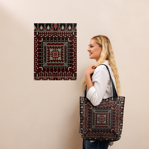 Spacious bag black art pattern displayed with items - spacious tote bag showcasing its carrying capacity.