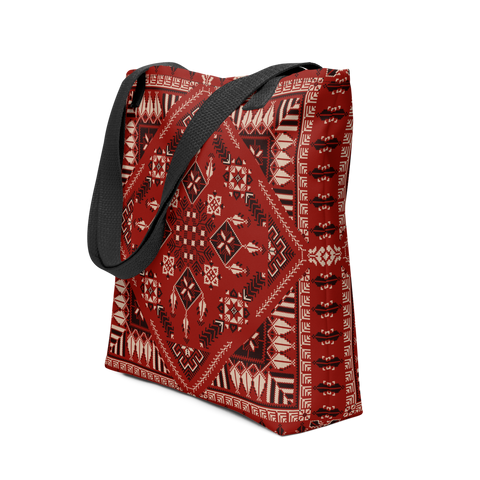 Spacious bag red art Pattern displaying the ample size and trendy design of a spacious tote bag.