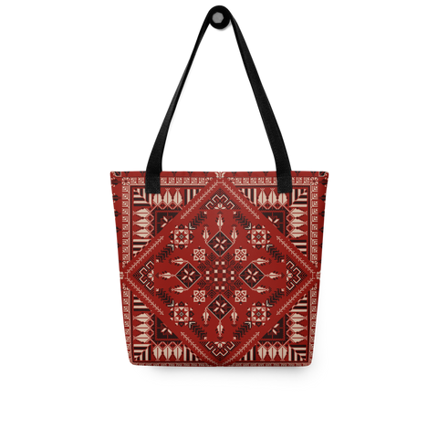 Spacious bag red art Pattern with a vibrant design, showcasing the spacious tote bag's capabilities.