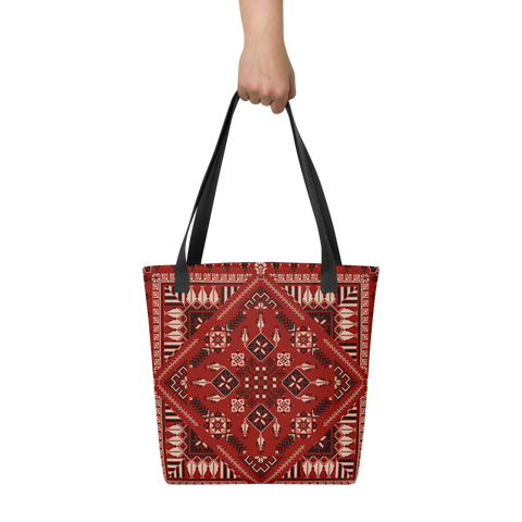Close-up of the spacious tote bag in a red art Pattern, emphasizing its spaciousness.