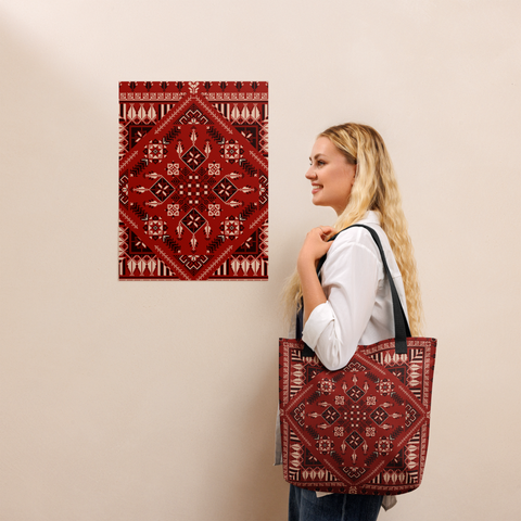 View of the spacious tote bag in red art Pattern, highlighting its trendy look.