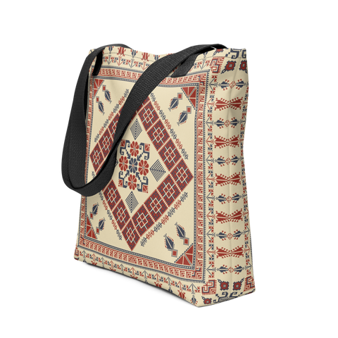 Trendy tote bag displayed prominently with a fashionable spacious bag art Pattern.