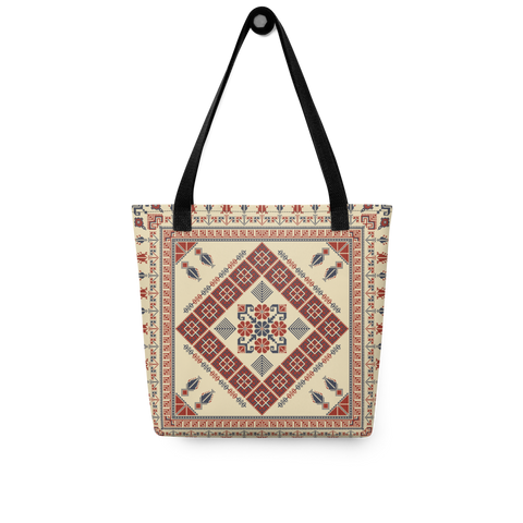 Detail view of a trendy tote bag with a spacious design and artistic pattern.
