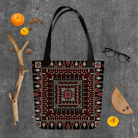 Spacious bag black art pattern carried by model - fashionable spacious tote bag seen in a real-life setting.