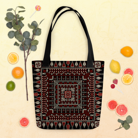 Spacious bag black art pattern on bench - eye-catching spacious tote bag ideal for outdoor activities.