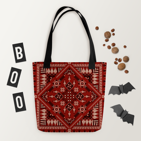 Spacious bag red art Pattern highlighting the compatibility of style and function in a spacious tote bag.