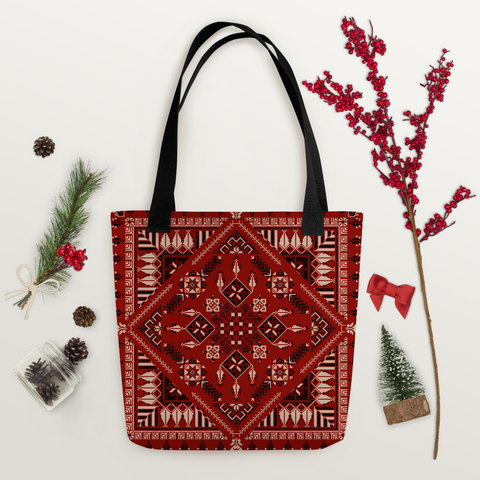 Showcase of the spacious tote bag in a vibrant red art Pattern, perfect for carrying belongings.