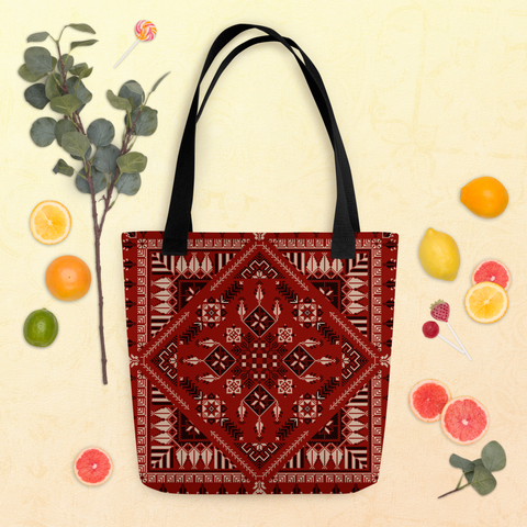 Spacious bag red art Pattern illustrating the stylish and functional nature of this spacious tote bag.