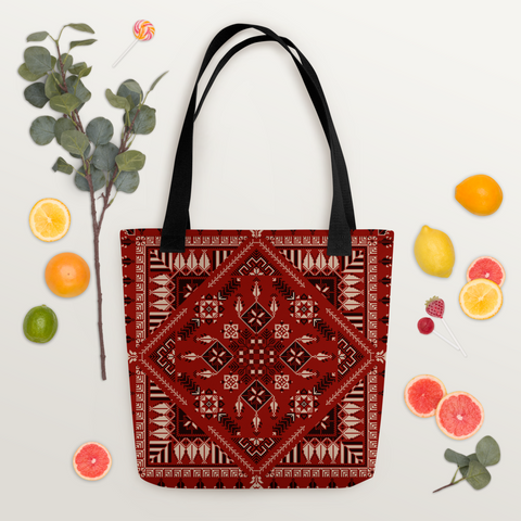 Detailed view of the spacious bag red art Pattern illustrating the spacious tote bag's features.