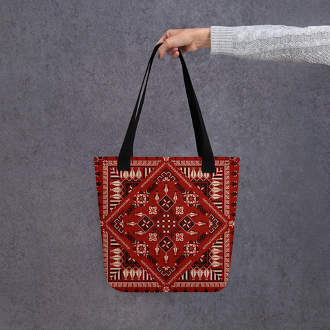 Overview of the spacious tote bag in red art Pattern, perfect for carrying all your essentials.