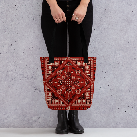 Spacious bag red art Pattern featuring dual cotton handles, ideal for a spacious tote bag.