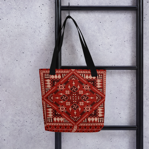 Spacious bag red art Pattern showcasing the spaciousness and trendy design of the spacious tote bag.