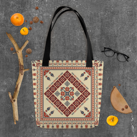 Lifestyle shot of a trendy tote bag with spacious bag art Pattern used in daily life.