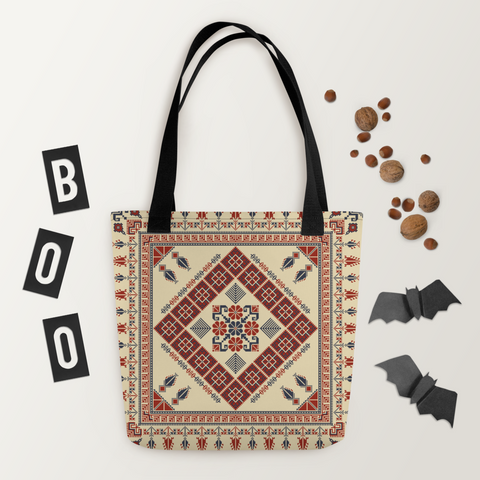 Side view of a trendy tote bag with a chic art pattern and dual cotton handles.