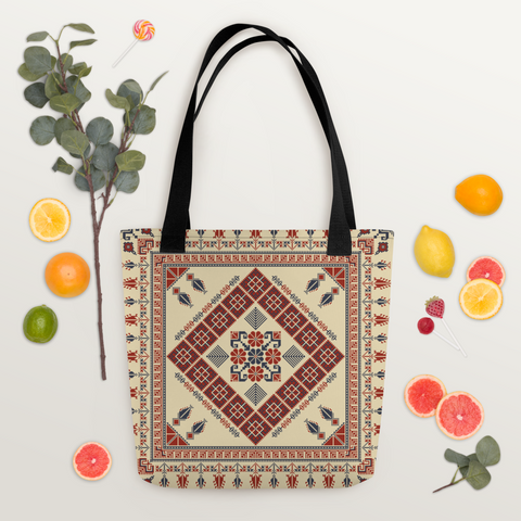 Trendy tote bag with spacious design showcasing its artistic patterns and cotton handles.