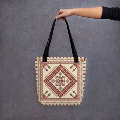 Stylish trendy tote bag with large capacity and artistic patterns showcased outdoors.
