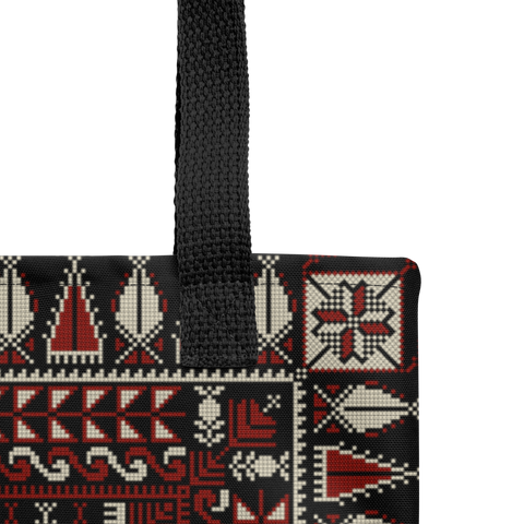 Spacious bag black art pattern close-up - intricate details of the spacious tote bag's design.