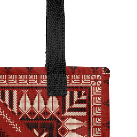 Spacious bag red art Pattern demonstrating the roomy design of this spacious tote bag.