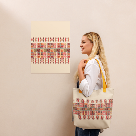 Vibrant and colorful spacious tote bag showcasing unique art pattern design.