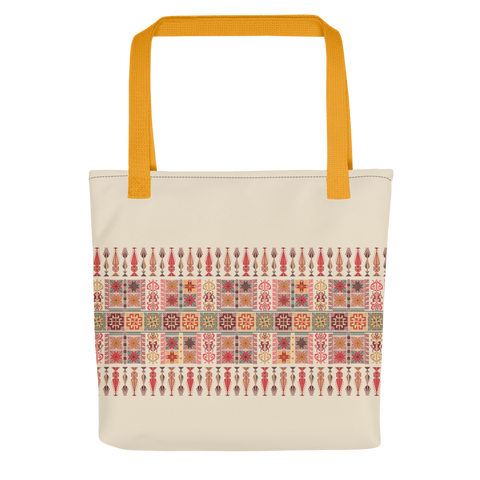 Spacious tote bag with vibrant colors and unique art patterns for fashionable carry.