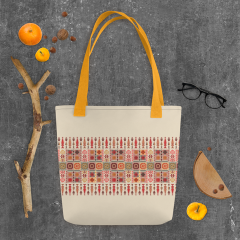 Vibrant spacious tote bag with an artistic print, ideal for versatile wear.