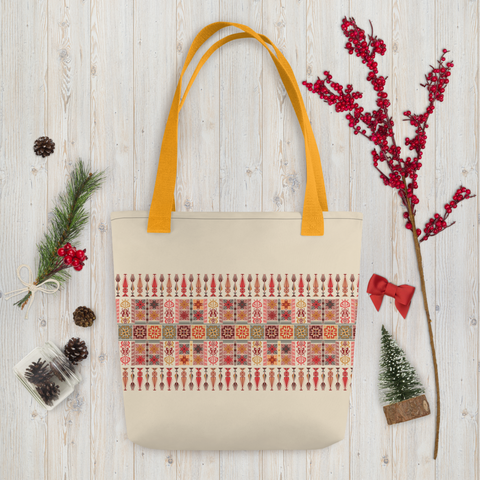 Stylish spacious tote bag with a colorful and compelling artwork pattern.