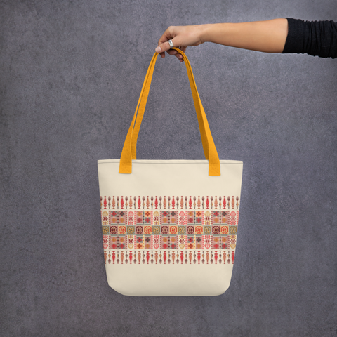 Trendy spacious tote bag with vibrant art patterns, ideal for daily use.