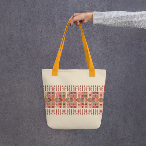 Fashionable spacious tote bag featuring a diverse range of colorful art patterns.