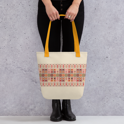 Artistic design on a spacious tote bag, perfect for carrying essentials.