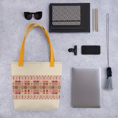 Colorful spacious tote bag featuring artistic patterns, perfect for stylish carrying.