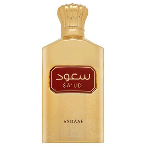 Close-up of asdaaf-unisex-saud oud bottle by Lattafa, showcasing its unique design and woodsy scent for men.