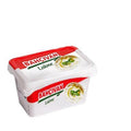 Bahcivan Turkish Labaneh creamy white cheese spread in a rectangular plastic container with red and white branding and garnished with herbs on the label