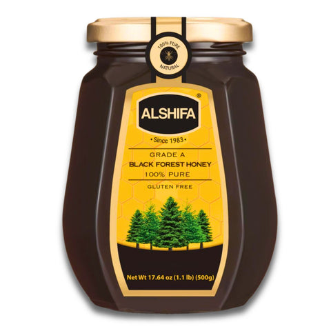 Alshifa Black Forest Honey – 250g Pure Natural Honey jar showcasing its rich color and texture, highlighting its antioxidant properties.
