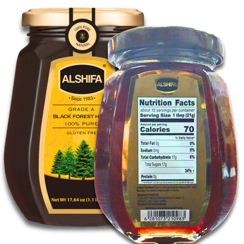 Organic Alshifa Black Forest Honey – 250g drizzled over pancakes, illustrating its delicious taste and versatility in culinary uses.