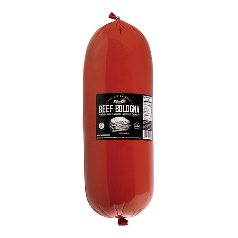 Halal Beef Bologna plain 1LB in packaging featuring a red exterior and black label, highlighting its quality and halal certification.
