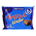 Cadbury Time Out Wafer 6 pack chocolate biscuit bar with 111 calories per bar blue packaging