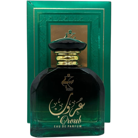 Close-up view of PERFUME MUSKY OROUB, highlighting the elegant design and its long lasting musky fragrance.