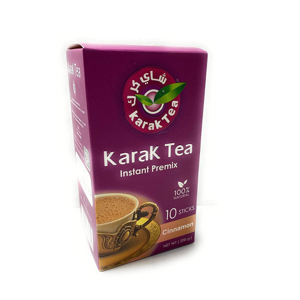 Box of authentic karak tea instant premix with cinnamon flavor, containing 10 sticks for rich and traditional tea experience