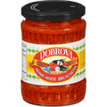 Jar of Dobrova homemade bruschetta with black lid and colorful label