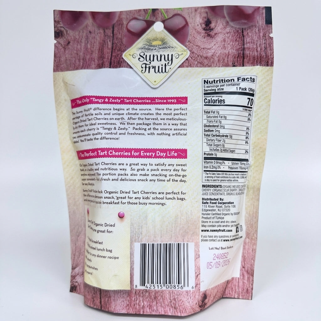 Sunny Fruit Organic Tart Cherries 3.5 oz - Dried Turkish Snack Packs