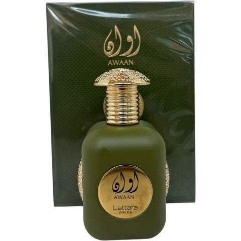 Lattafa Perfume AWAAN SPRAY 100ML displayed on a stylish surface, emphasizing its captivating long lasting fragrance.