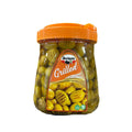 Jar of Ikram brand grilled green olives with orange lid, displaying charred and marinated green olives inside.