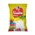 Halibna Fortified Milk Powder packaging with cartoon cow and milk splash on yellow background