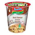 Indomie Soup beef flavor instant noodles cup with quick 3-minute preparation instructions