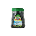 Ikram Black Olives jar featuring a green lid and a label in multiple languages including English. The jar contains natural black olives and is prominently labeled with the product name and weight, suitable for culinary use.