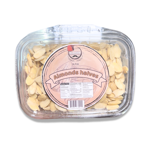 Raw Almond Halves - 431g from ALBASHA, premium quality natural almonds for cooking and healthy snacking.