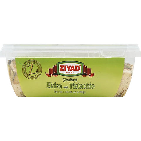 Ziyad brand Halva with Pistachio in a clear plastic container, showcasing the green label and detailing the product's weight of 12.34 ounces.