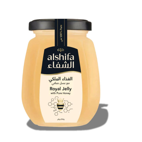 Alshifa Royal Jelly in Pure Honey 5% – 250g, a premium natural nutrient-rich supplement, displayed in its elegant jar with lid.