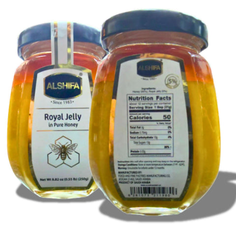 Close-up of Alshifa Royal Jelly in Pure Honey 5% – 250g, highlighting the rich honey texture and royal jelly inside the jar.