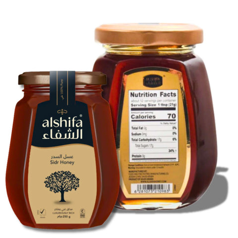 Close-up of Pure Alshifa Sidr Honey – 250g, highlighting the premium quality and natural goodness derived from Sidr trees in Yemen.